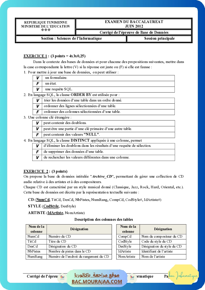 Corrigé principale bd Bac 2012 – Section info